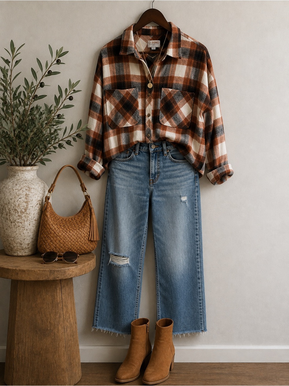 Ci Sono Plaid Cropped Flannel Shirt Size Medium | Rust Brown Shacket